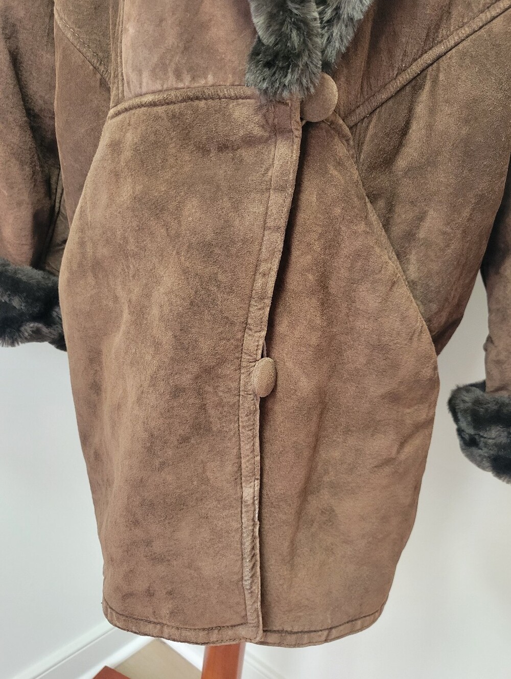 Vintage The Flight Club Brown Suede Faux Fur Oversized Statement Coat M - Picture 4 of 15
